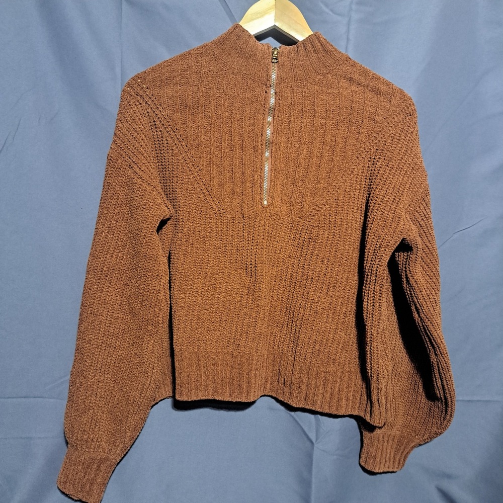 Pink Rose Half Zip Cropped Ribbed Knit Sweater MEDIUM Brown
